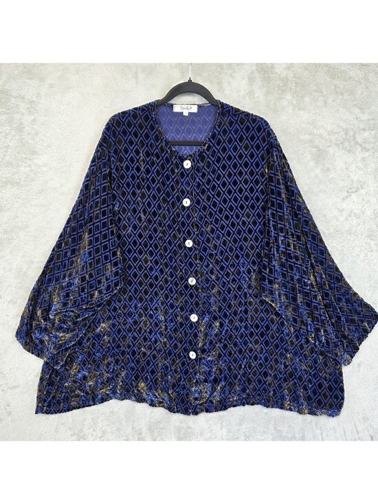 SaysWho? Tops - SaysWho? Blouse Womens 3 Blue Velvet Button Front Long Kimono Sleeve Geometric
